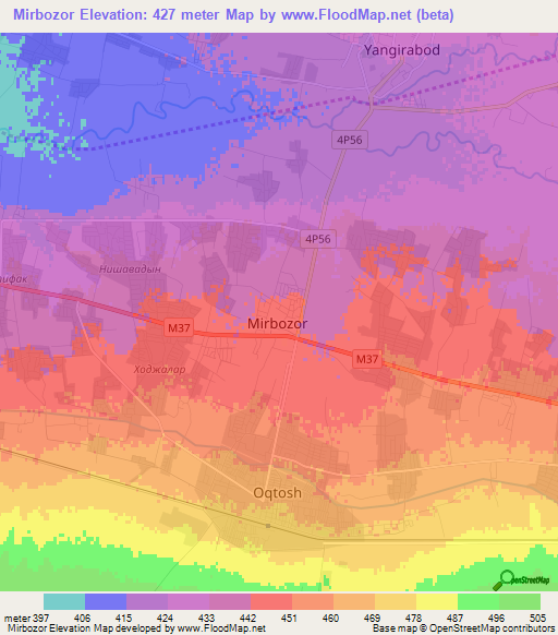 Mirbozor,Uzbekistan Elevation Map