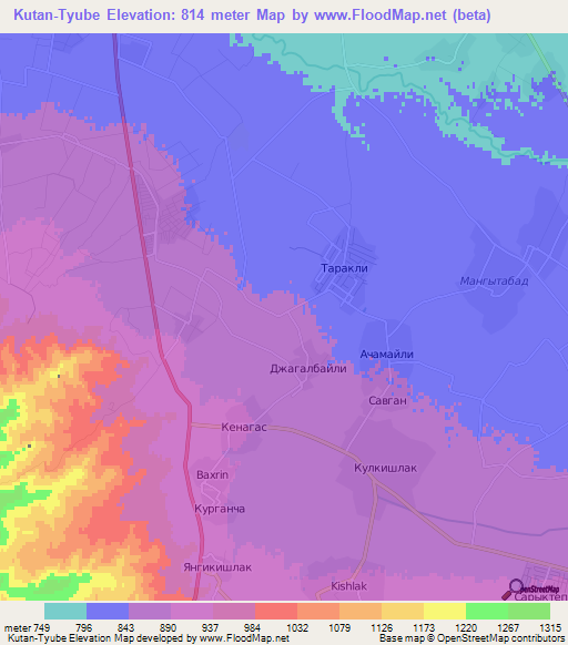 Kutan-Tyube,Uzbekistan Elevation Map