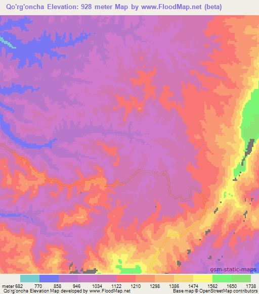 Qo'rg'oncha,Uzbekistan Elevation Map