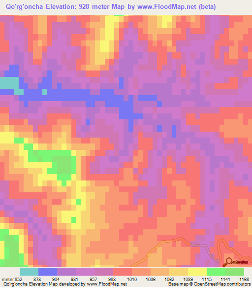 Qo'rg'oncha,Uzbekistan Elevation Map