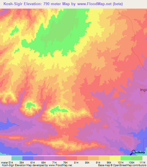 Kosh-Sigir,Uzbekistan Elevation Map