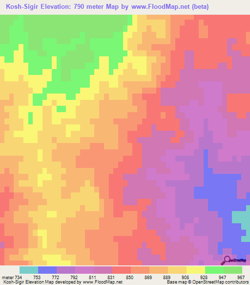 Kosh-Sigir,Uzbekistan Elevation Map