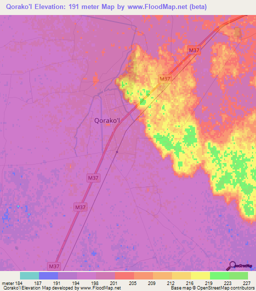 Qorako'l,Uzbekistan Elevation Map