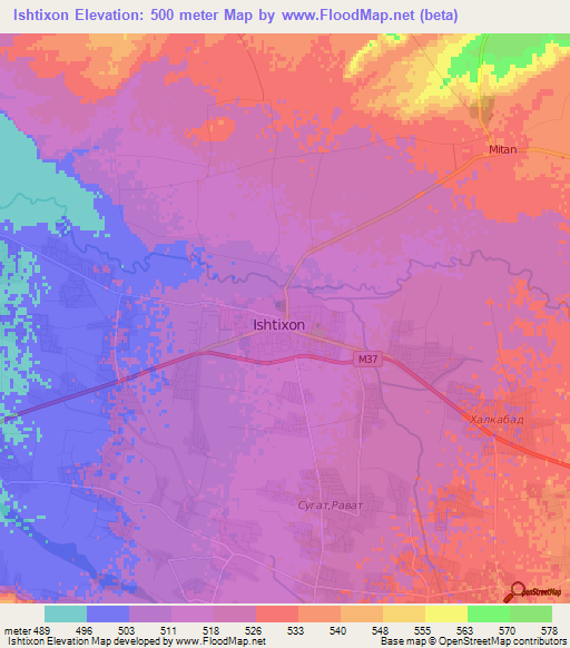 Ishtixon,Uzbekistan Elevation Map