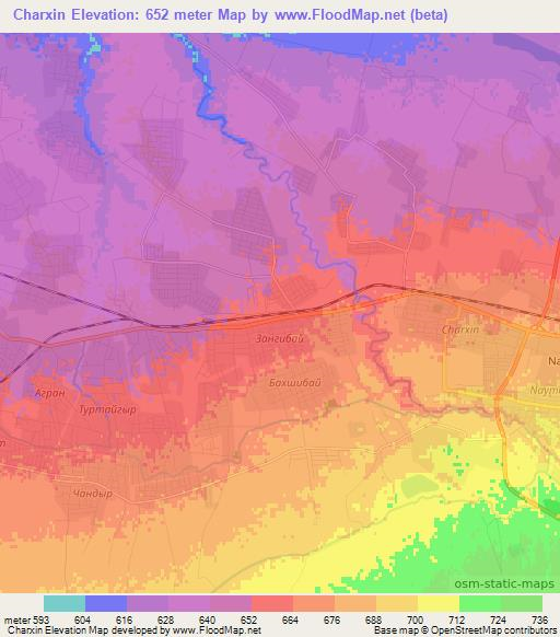 Charxin,Uzbekistan Elevation Map