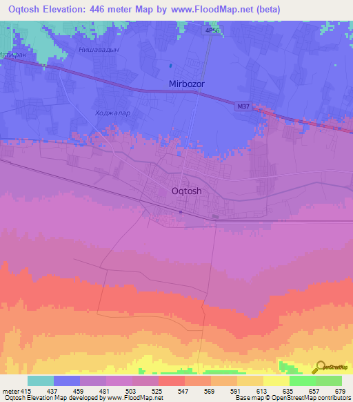 Oqtosh,Uzbekistan Elevation Map