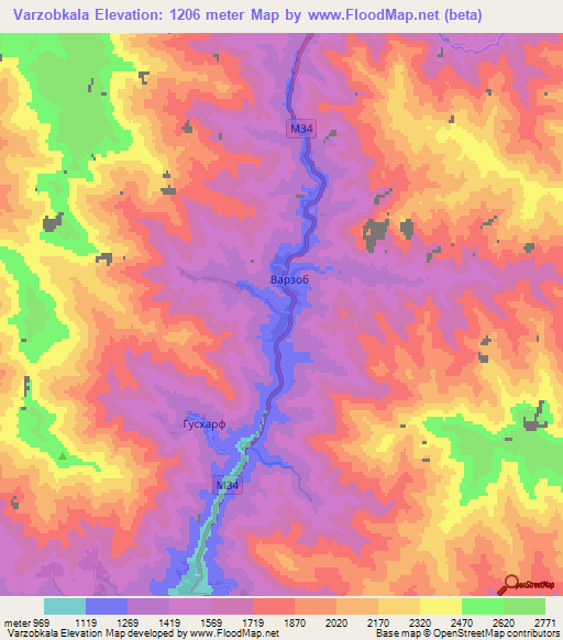 Varzobkala,Tajikistan Elevation Map