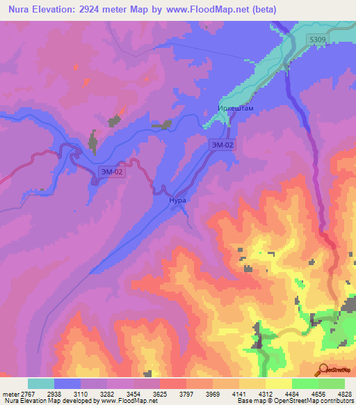 Nura,Kyrgyzstan Elevation Map