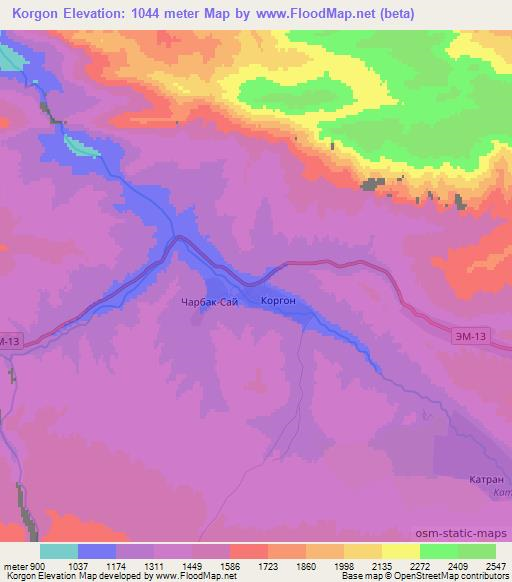 Korgon,Kyrgyzstan Elevation Map