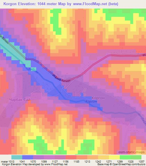 Korgon,Kyrgyzstan Elevation Map