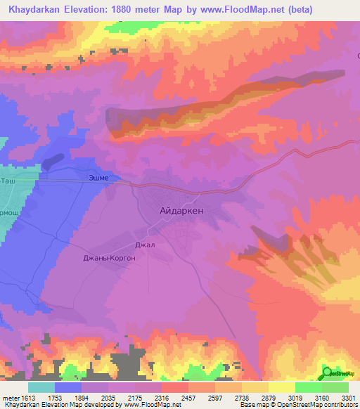 Khaydarkan,Kyrgyzstan Elevation Map