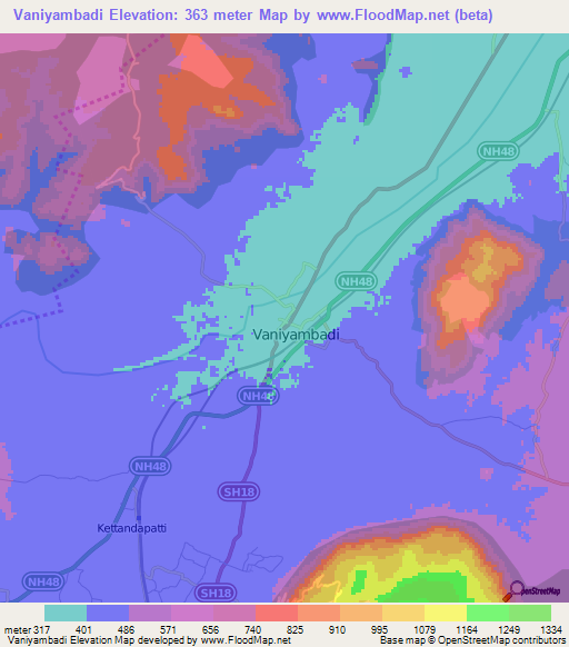 Vaniyambadi,India Elevation Map