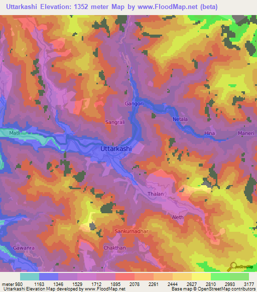 Uttarkashi,India Elevation Map