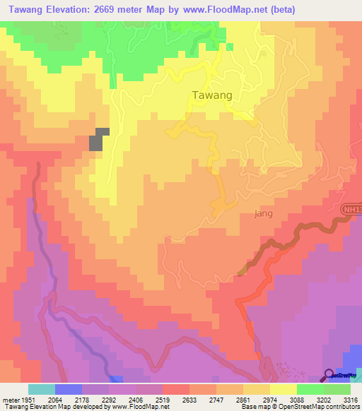 Tawang,India Elevation Map