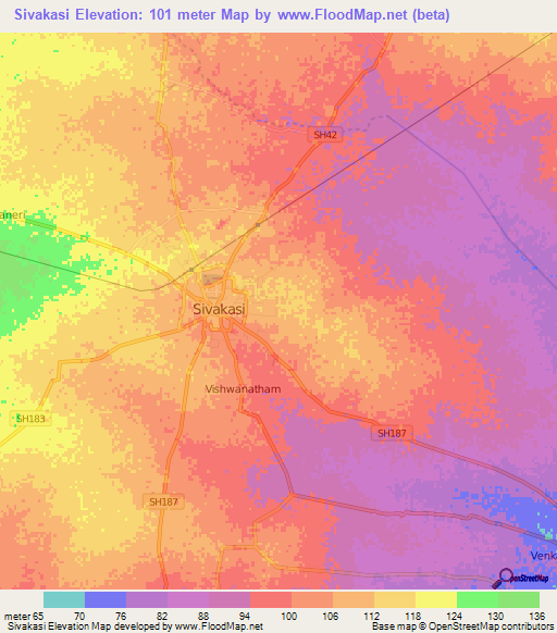 Sivakasi,India Elevation Map