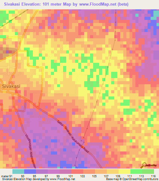 Sivakasi,India Elevation Map