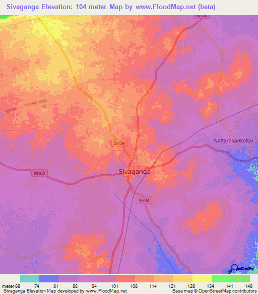 Sivaganga,India Elevation Map