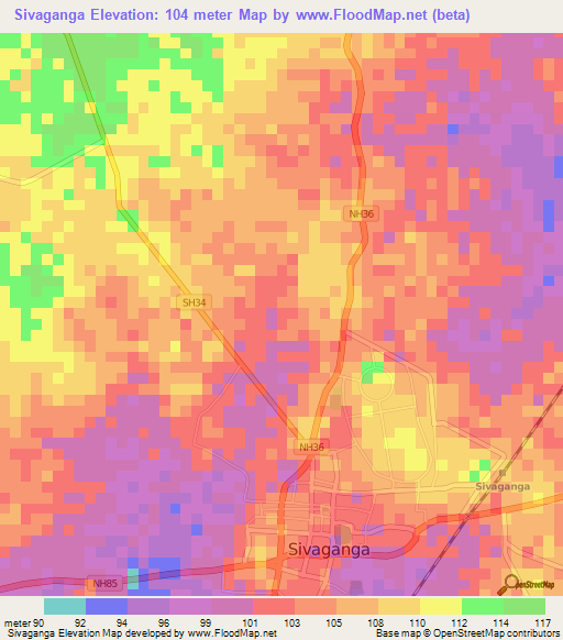 Sivaganga,India Elevation Map