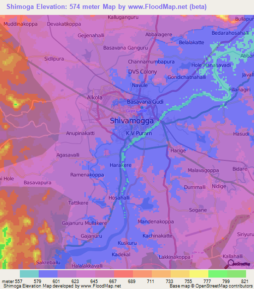 Shimoga,India Elevation Map