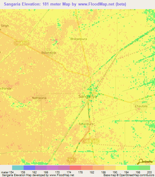 Sangaria,India Elevation Map