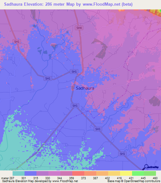 Sadhaura,India Elevation Map