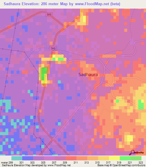 Sadhaura,India Elevation Map