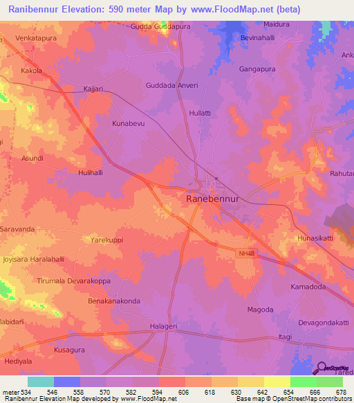 Ranibennur,India Elevation Map