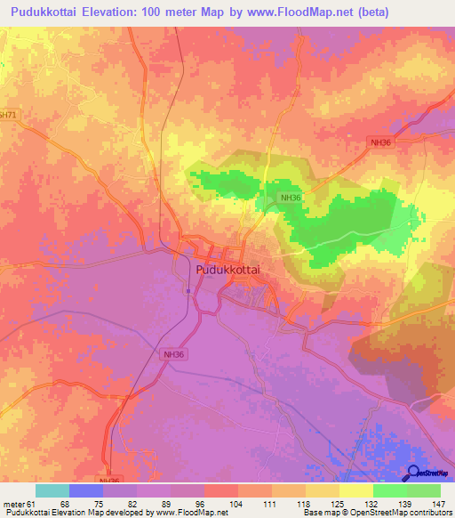 Pudukkottai,India Elevation Map