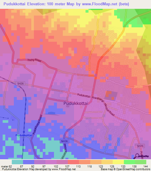 Pudukkottai,India Elevation Map