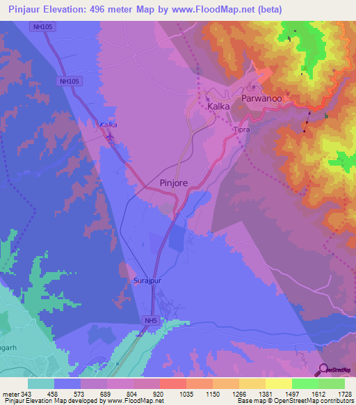 Pinjaur,India Elevation Map