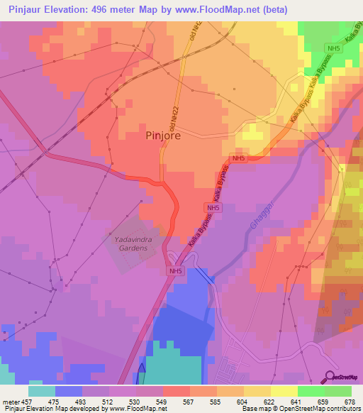 Pinjaur,India Elevation Map