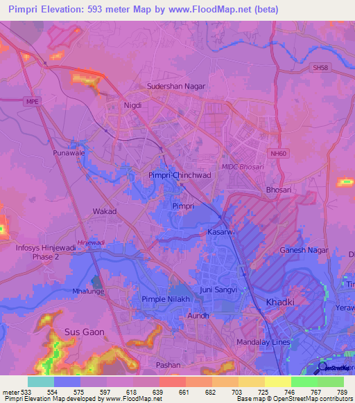 Pimpri,India Elevation Map