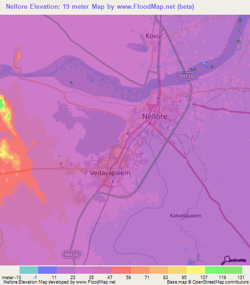 Nellore,India Elevation Map