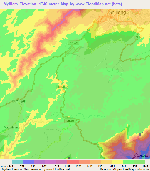 Mylliem,India Elevation Map