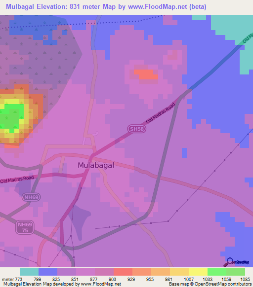 Mulbagal,India Elevation Map
