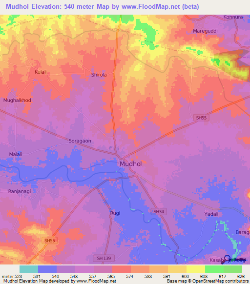 Mudhol,India Elevation Map