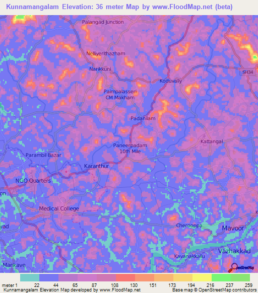 Kunnamangalam,India Elevation Map