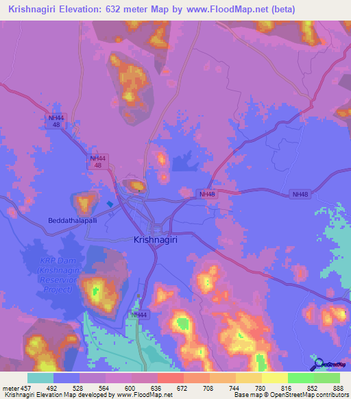 Krishnagiri,India Elevation Map