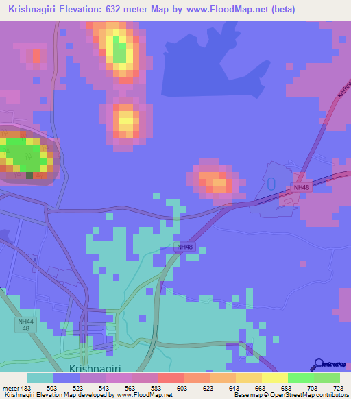 Krishnagiri,India Elevation Map