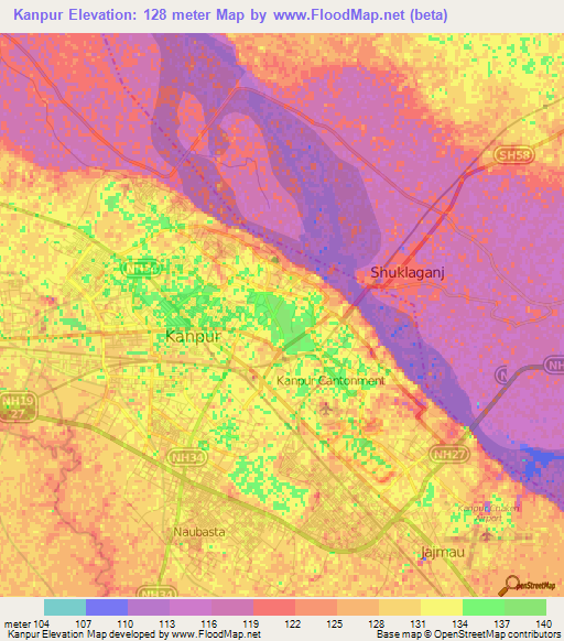 Kanpur,India Elevation Map