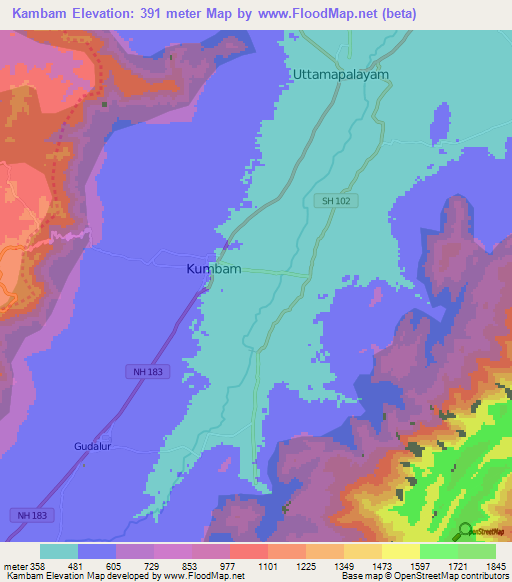 Kambam,India Elevation Map