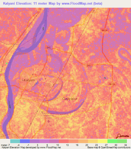 Kalyani,India Elevation Map