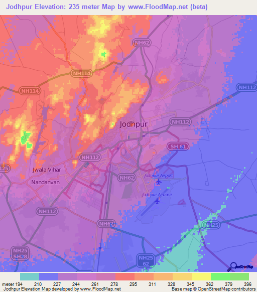 Jodhpur,India Elevation Map