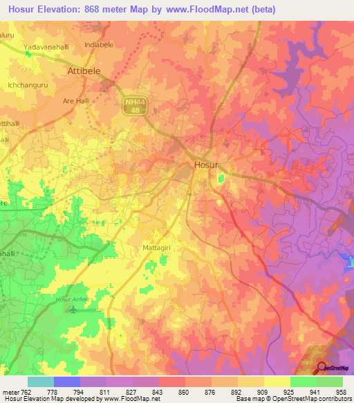 Elevation of Hosur,India Elevation Map, Topography, Contour