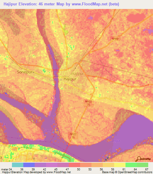 Hajipur,India Elevation Map