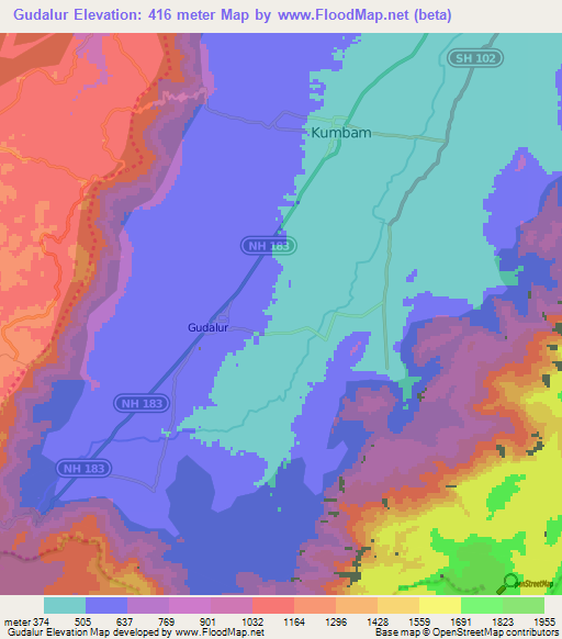 Gudalur,India Elevation Map