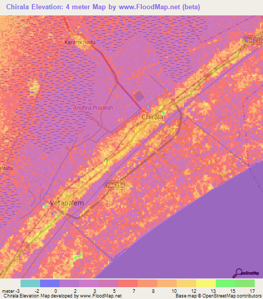 Chirala,India Elevation Map