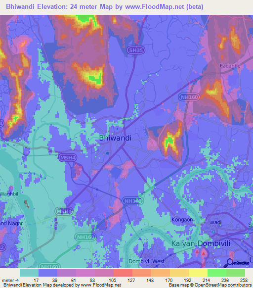 Bhiwandi,India Elevation Map