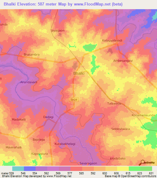 Bhalki,India Elevation Map