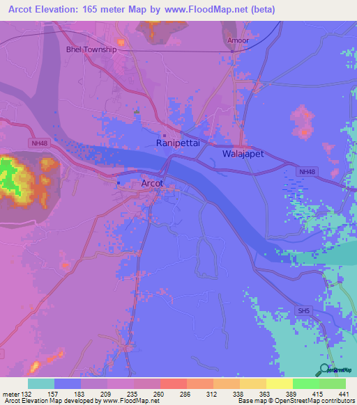 Arcot,India Elevation Map